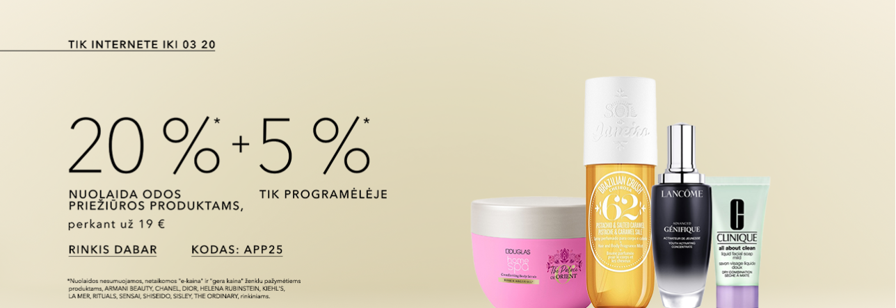 20% NUOLAIDA ODOS PRIEŽIŪROS PRODUKTAMS, perkant už 19 € +5% TIK PROGRAMĖLĖJE