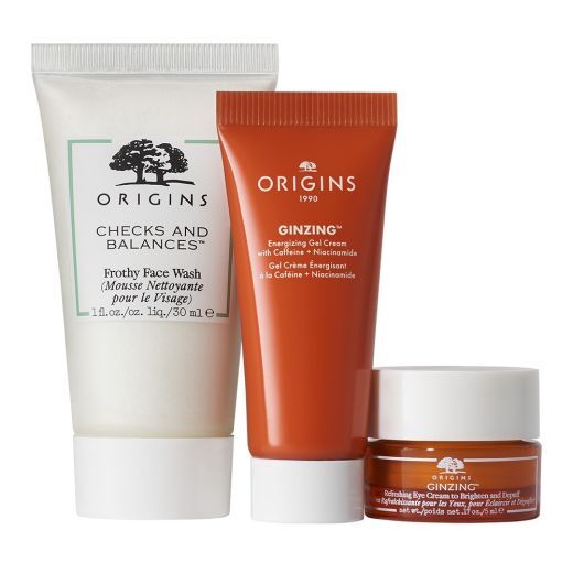 ORIGINS Hello, Radiance Meet the Radiance-Boosting Trio Skaistumo suteikiantis veido priežiūros rinkinys