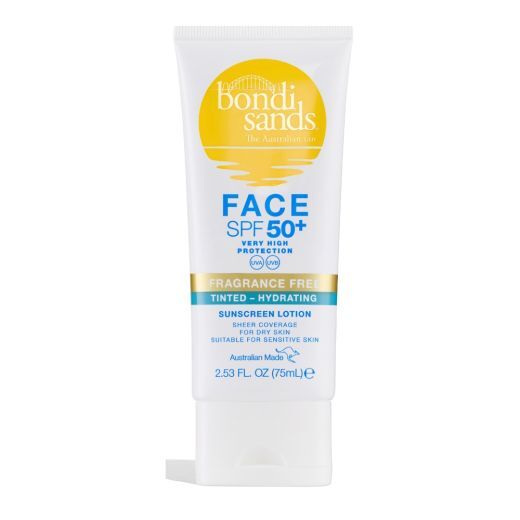 BONDI SANDS SPF 50+ Fragrance Free Hydrating Tinted Face Lotion Apsauginis veido losjonas su atspalviu ir SPF 50+