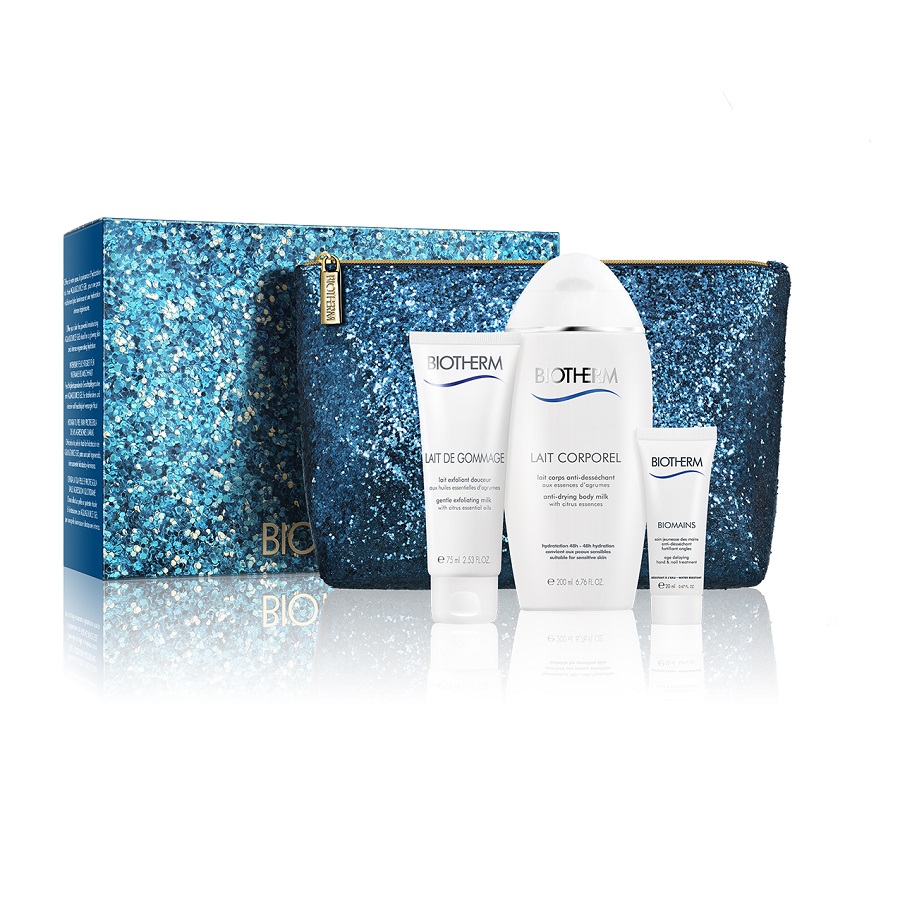 Body lait. Biotherm lait corporel набор. Наборы Biotherm для женщин в прозрачной косметичке.
